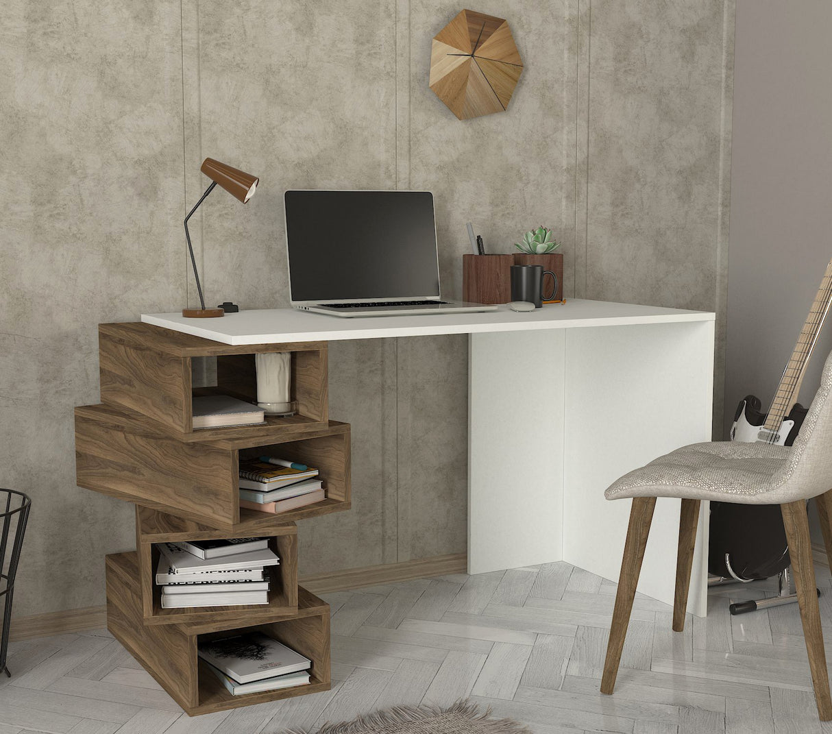 Birou Jenga, Alb - Nuc, 130x60x75 cm