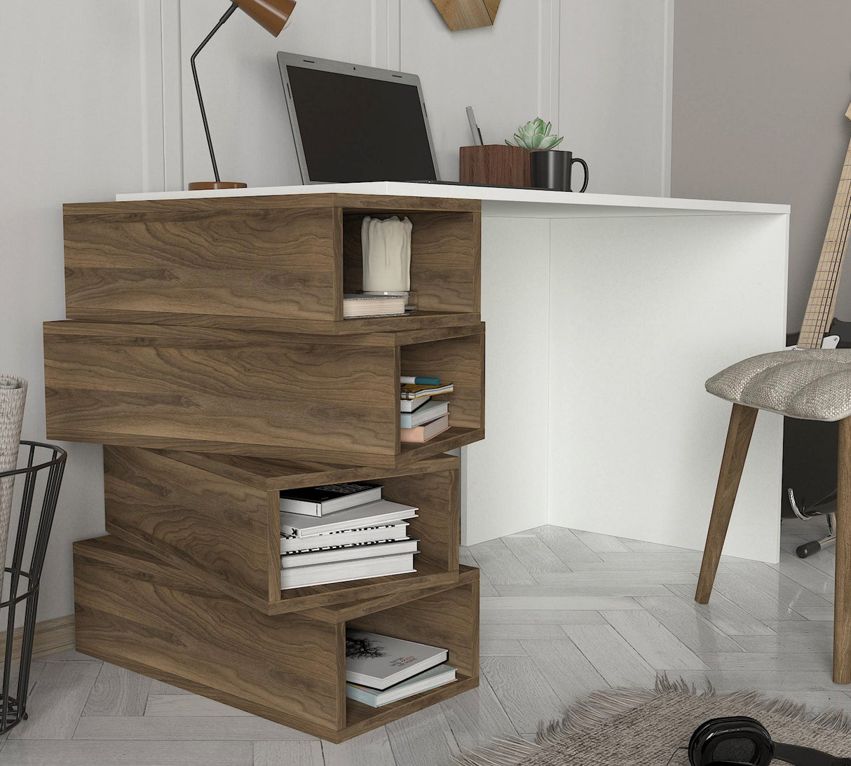 Birou Jenga, Alb - Nuc, 130x60x75 cm