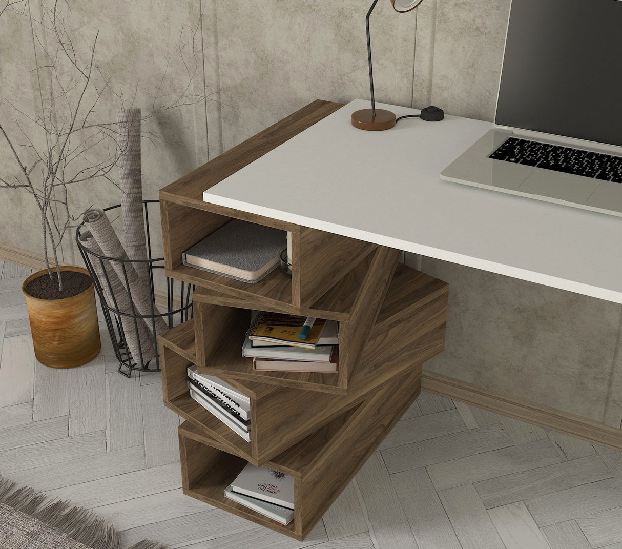 Birou Jenga, Alb - Nuc, 130x60x75 cm