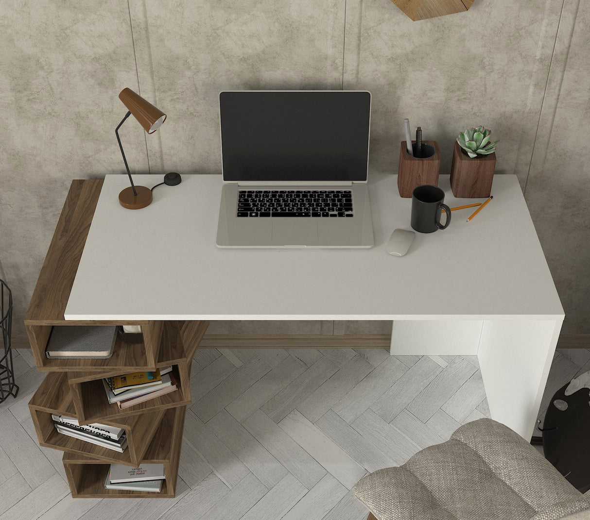 Birou Jenga, Alb - Nuc, 130x60x75 cm