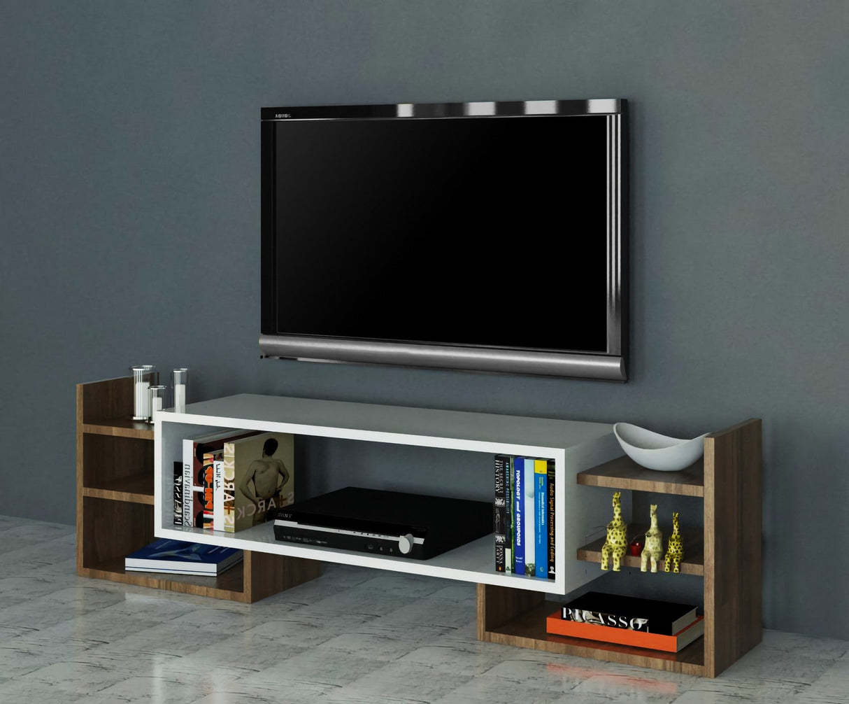 Comodă TV Sema, Diverse culori, 140x30x40 cm - Alb - Nuc | SKU: 745DCD3047 | Comodă TV Sema, 140x30x40 cm, varianta Alb - Nuc, produs pentru amenajarea locuinței, disponibil online în România la CasaMob