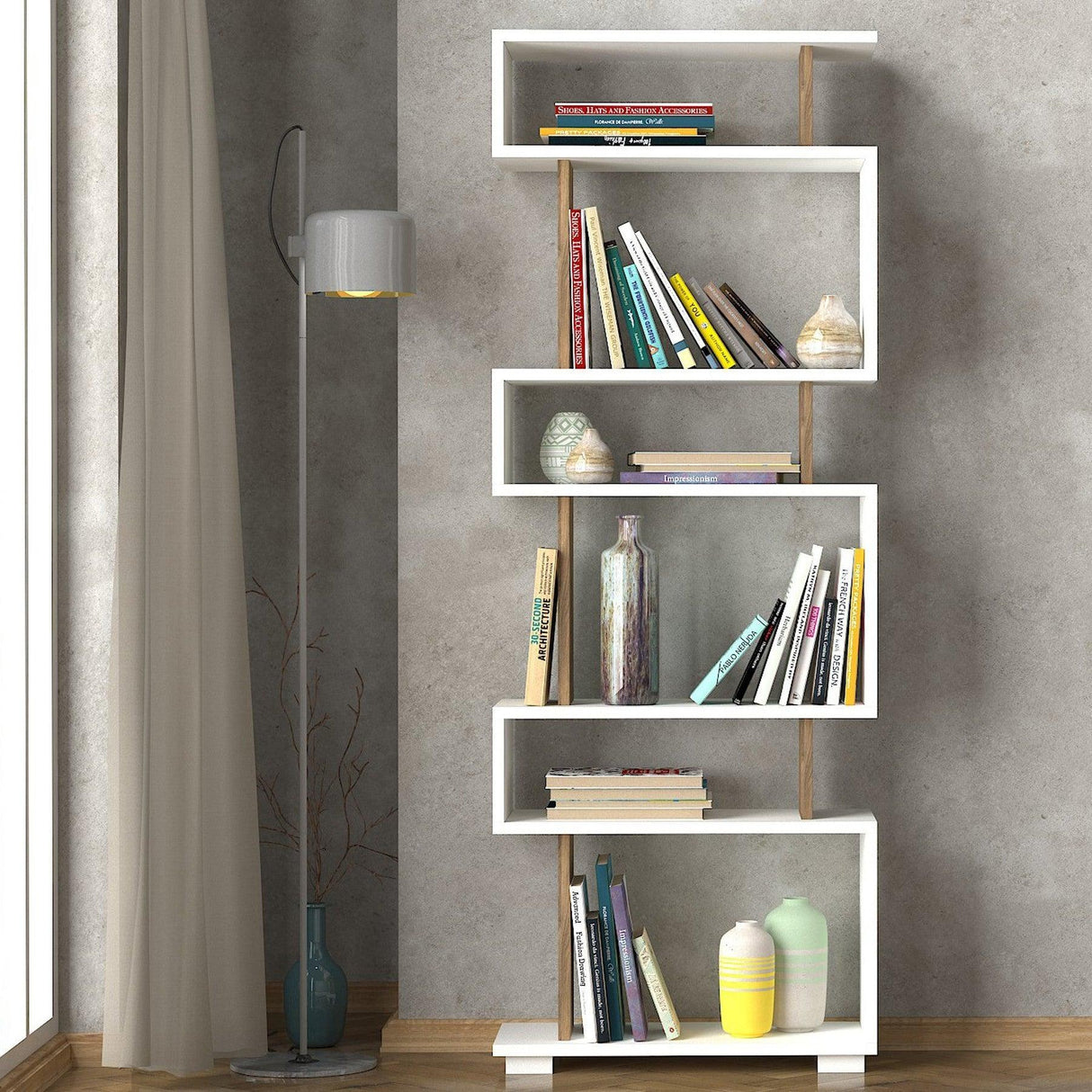 Bibliotecă Blok, Diverse culori, 60x20x165 cm - Alb - Nuc | SKU: 745DCD3606 | Bibliotecă Blok, 60x20x165 cm, varianta Alb - Nuc, produs pentru amenajarea locuinței, disponibil online în România la CasaMob