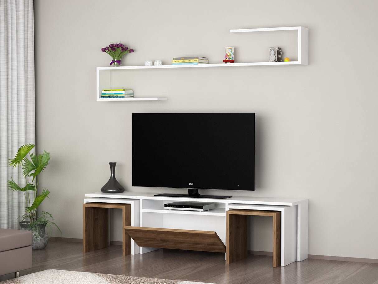 Comodă TV Ege, Alb - Nuc, 140x30x39 cm