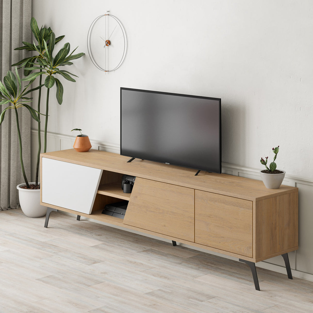 Comodă TV Fiona, Stejar - Alb, 180x36x48 cm