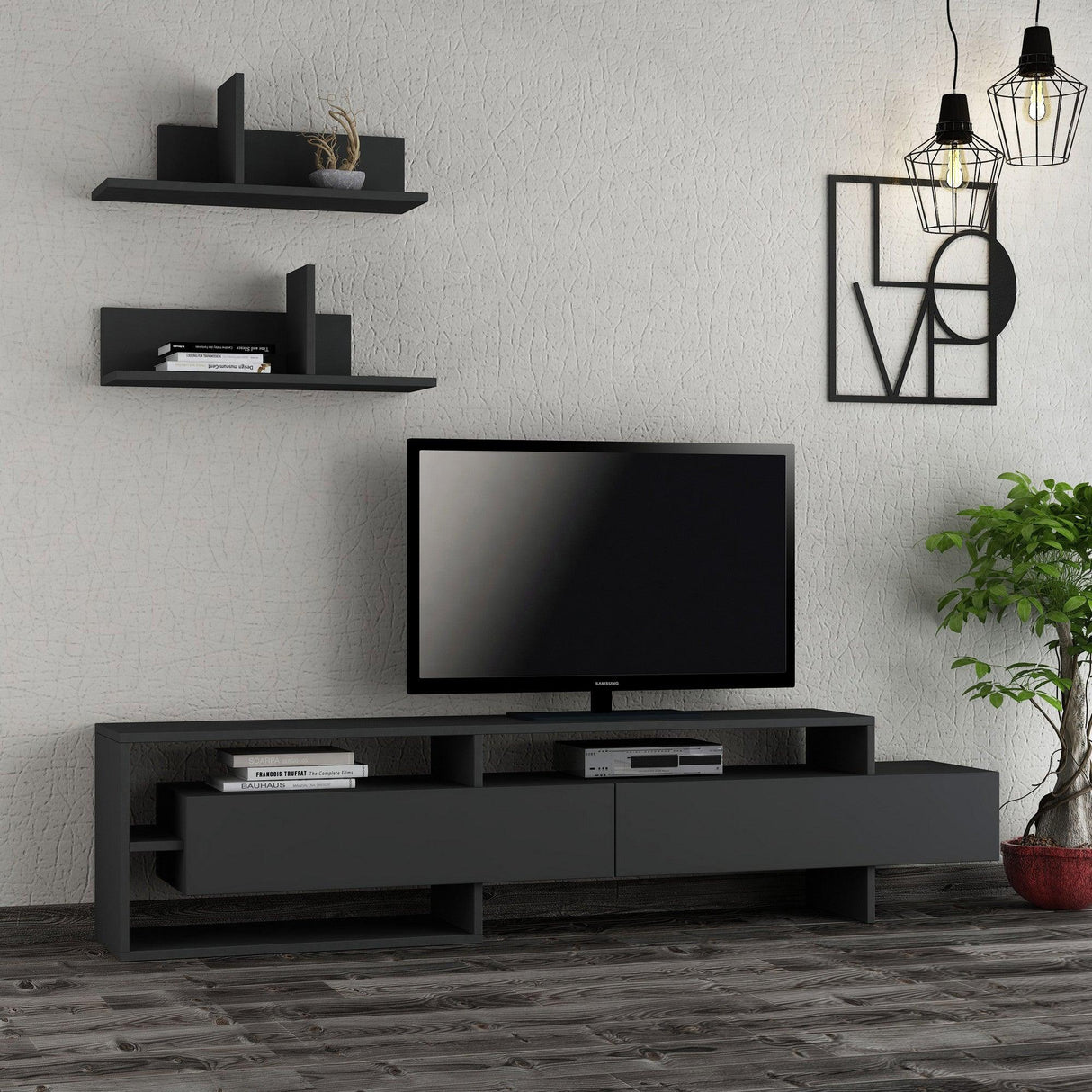 Comodă TV Gara, Diverse culori, 180x32x42 cm - Antracit | SKU: 776HMS3014 | Comodă TV Gara, 180x32x42 cm, varianta Antracit, produs pentru amenajarea locuinței, disponibil online în România la CasaMob