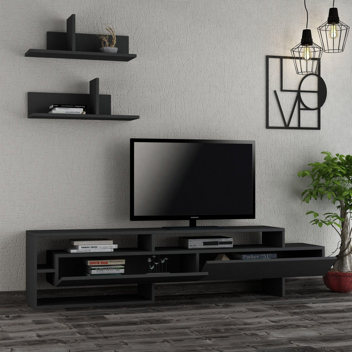 Comodă TV Gara, Diverse culori, 180x32x42 cm - Antracit | SKU: 776HMS3014 | Comodă TV Gara, 180x32x42 cm, varianta Antracit, produs pentru amenajarea locuinței, disponibil online în România la CasaMob