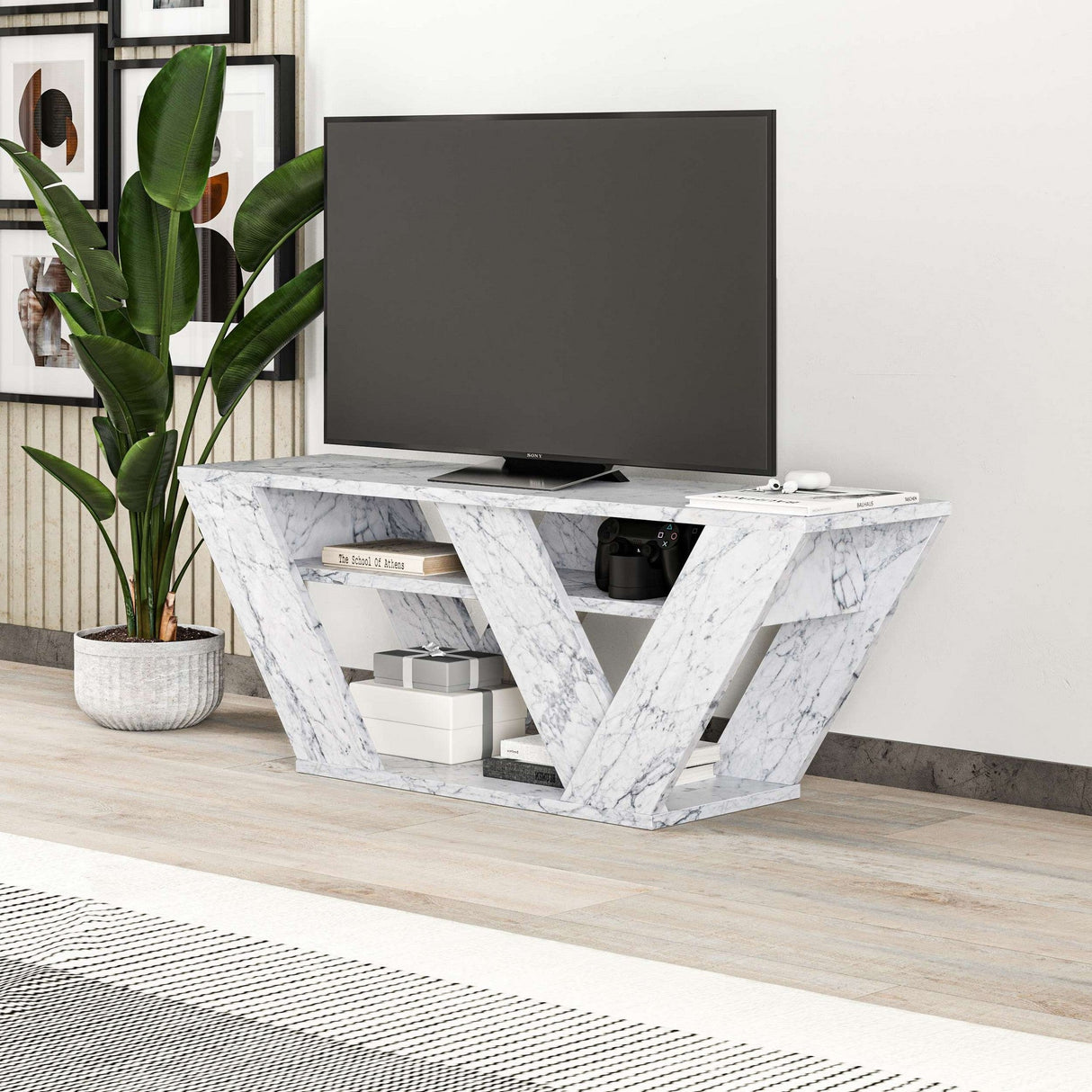 Comodă TV Pipralla, Diverse culori, 110x30x40 cm - Carrara marble | SKU: 776HMS3131 | Comodă TV Pipralla, 110x30x40 cm, varianta Carrara marble, produs pentru amenajarea locuinței, disponibil online în România la CasaMob