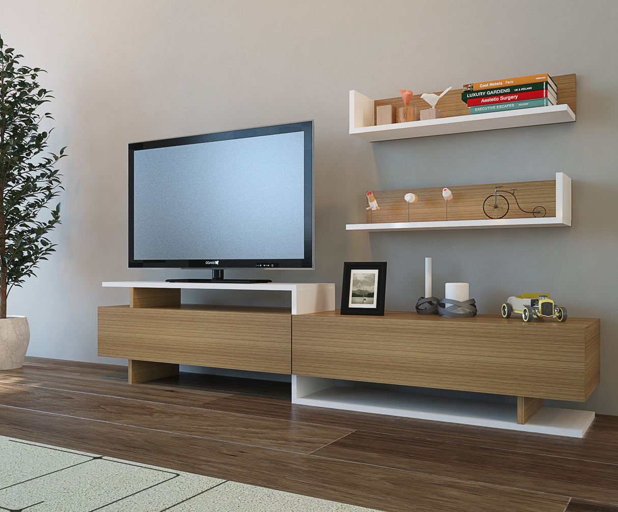 Comodă TV Ayaz, Alb - Teak, 180x37x40 cm
