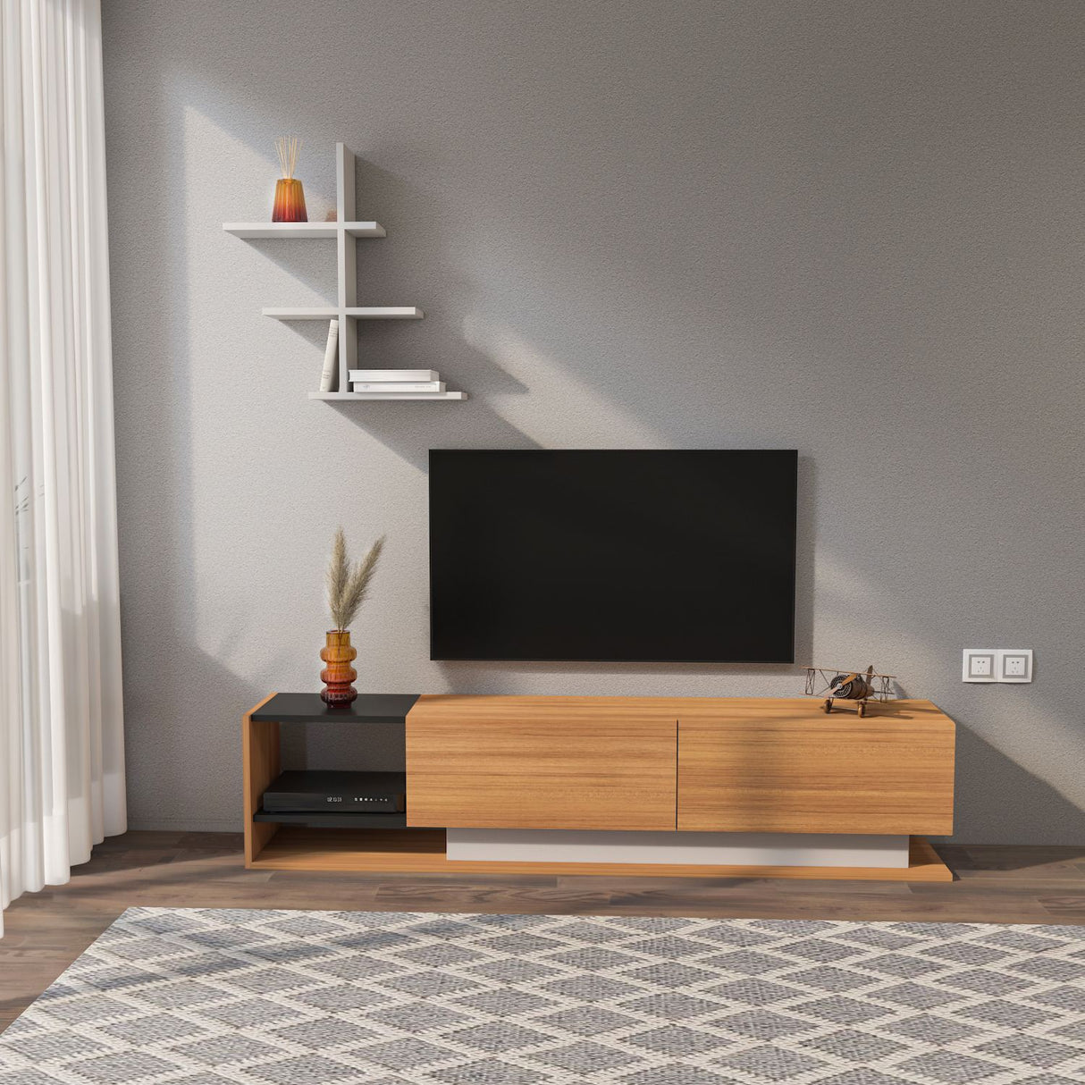 Comodă TV Liza, Alb - Teak, 180x30x40 cm