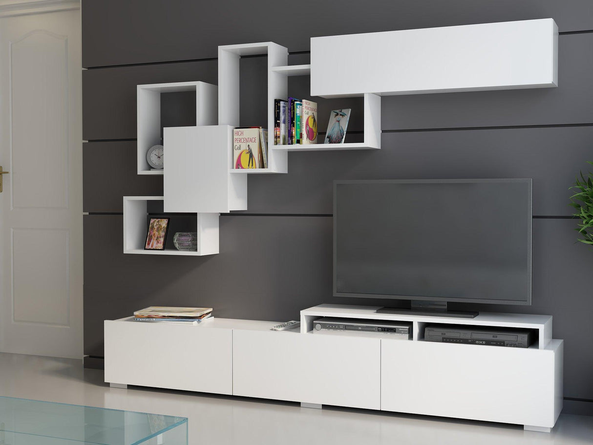 Comoda TV Tovog cu usi si rafturi, Alb, 210x35x30 cm