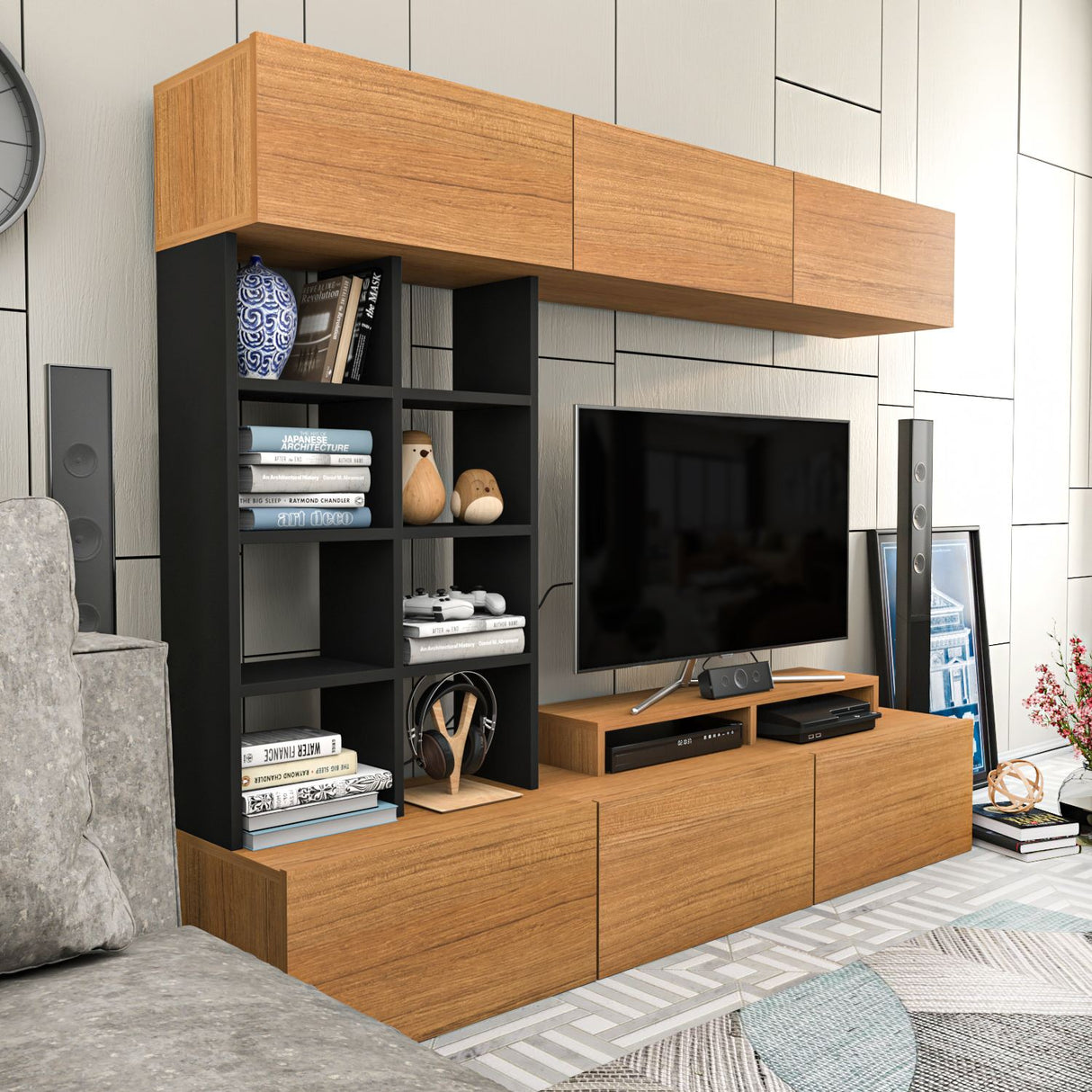 Comodă TV Sasa, Teak - Negru, 180x37x40 cm
