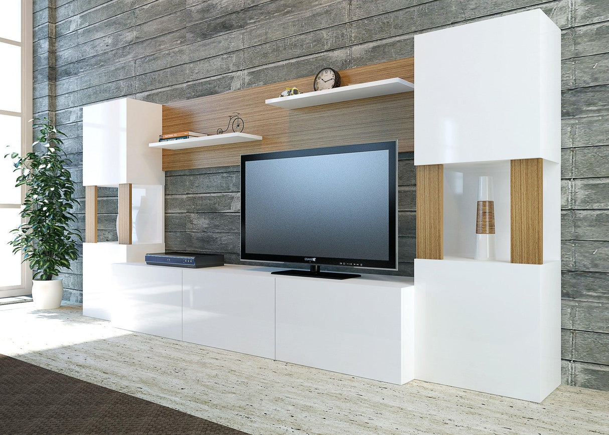 Comoda Tv Set cu dulapuri si rafturi , Alb, 160x31.5x125 cm