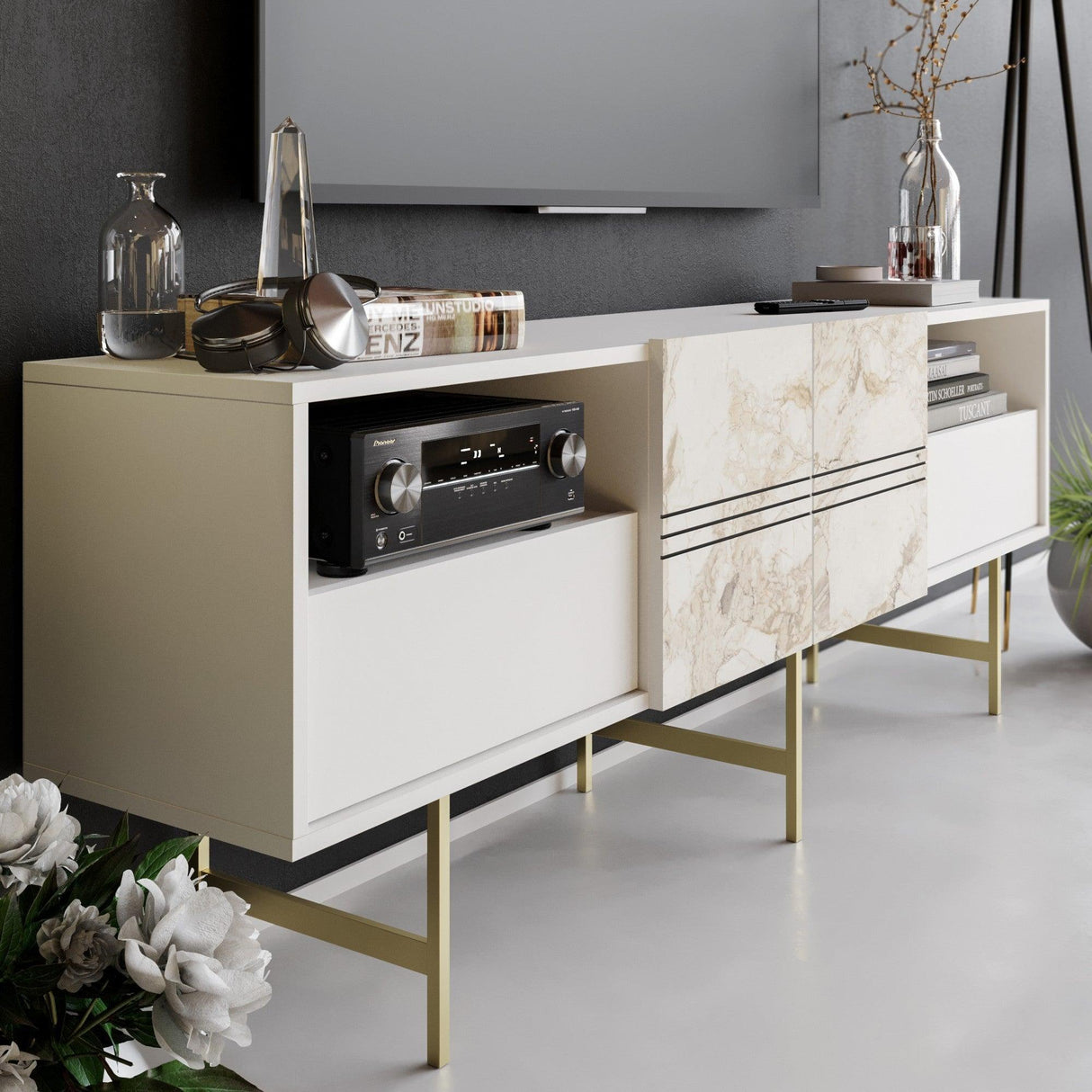 Comodă TV Derin, Diverse culori, 180x37x65 cm - Alb | SKU: 788DEC4011 | Comodă TV Derin, 180x37x65 cm, varianta Alb, produs pentru amenajarea locuinței, disponibil online în România la CasaMob