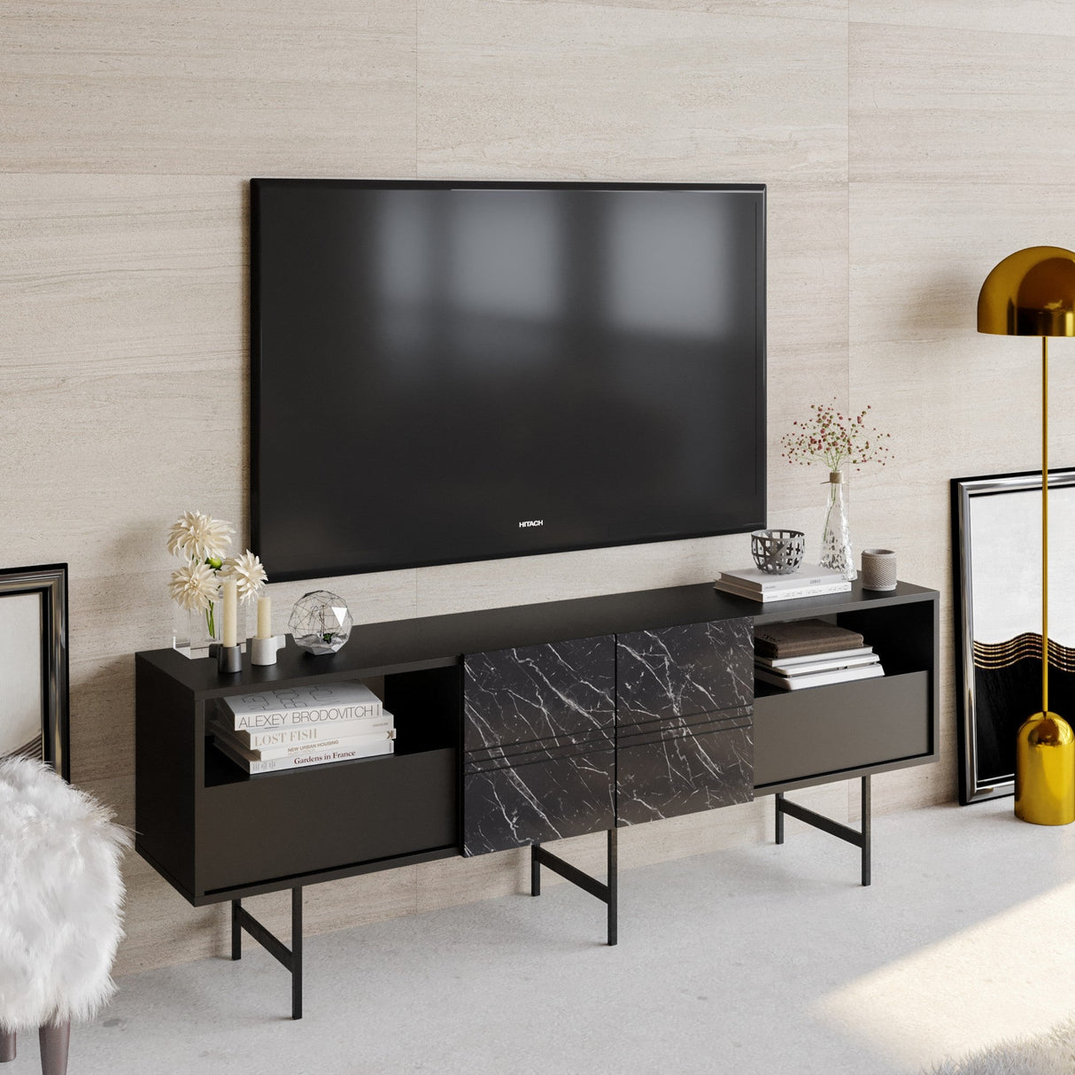 Comodă TV Derin, Diverse culori, 180x37x65 cm - Negru - Marble | SKU: 788DEC4012 | Comodă TV Derin, 180x37x65 cm, varianta Negru - Marble, produs pentru amenajarea locuinței, disponibil online în România la CasaMob