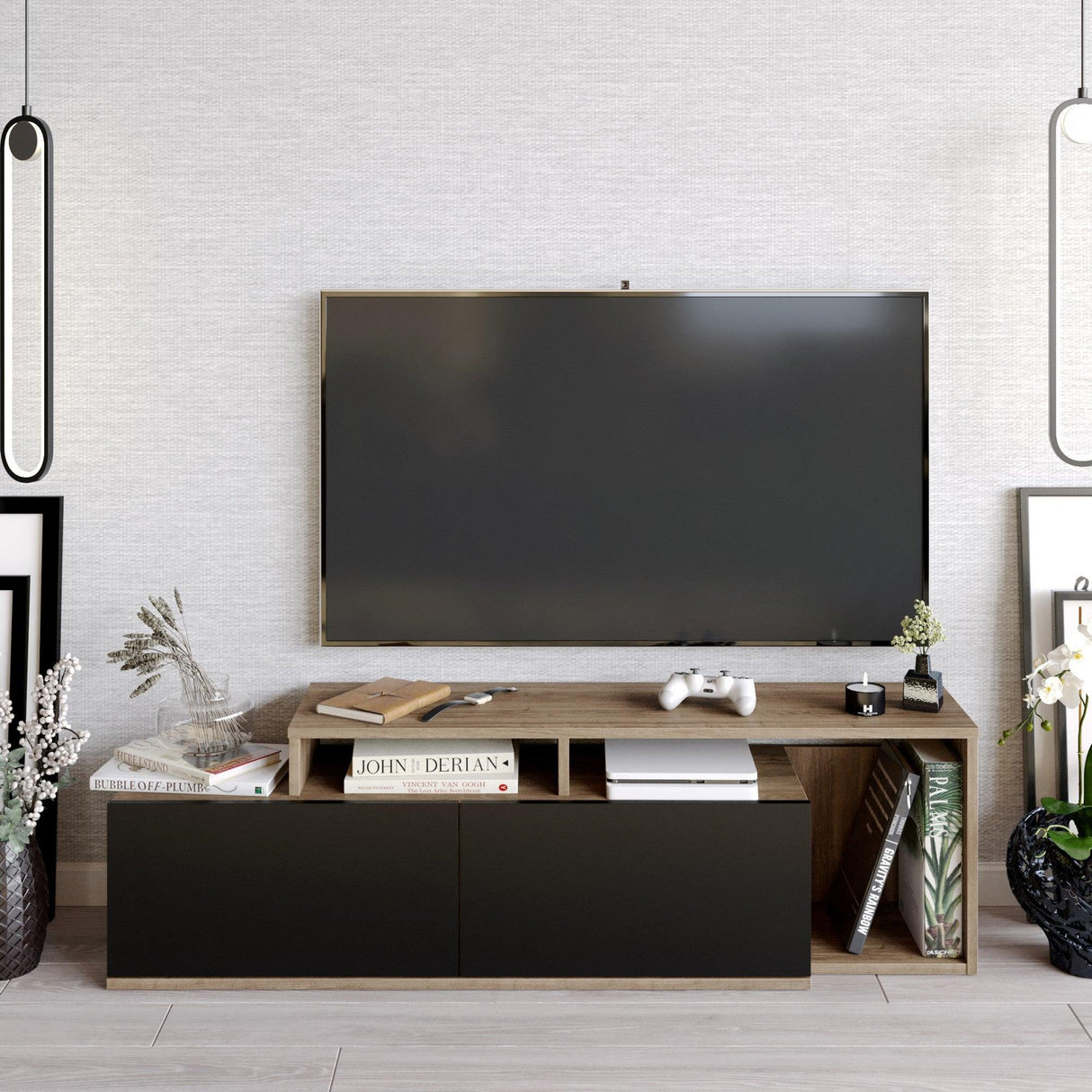 Comoda Tv Getir cu 2 usi si rafturi modern, Nuc, 150 x 43 x 35 cm