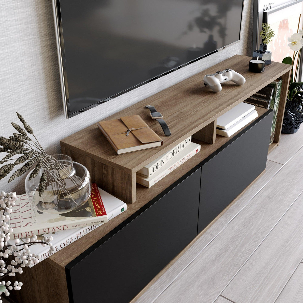 Comoda Tv Getir cu 2 usi si rafturi modern, Nuc, 150 x 43 x 35 cm