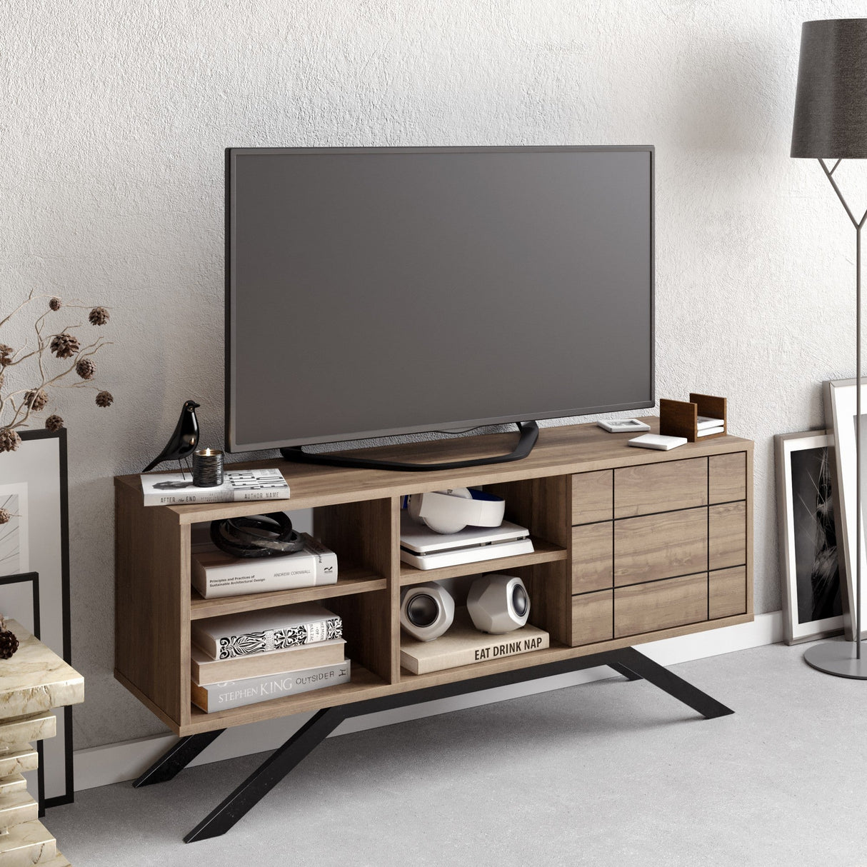 Comodă TV North, Diverse culori, 130x59x39 cm - Negru - Nuc | SKU: 788DEC4036 | Comodă TV North, 130x59x39 cm, varianta Negru - Nuc, produs pentru amenajarea locuinței, disponibil online în România la CasaMob