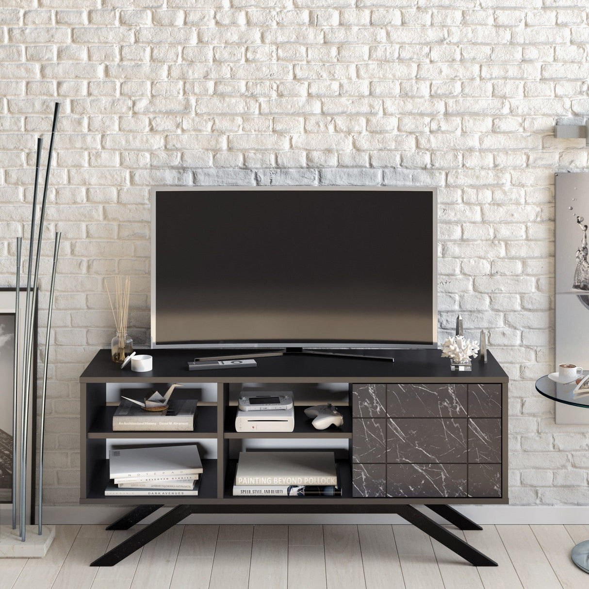 Comodă TV North, Diverse culori, 130x59x39 cm - Negru - Marble | SKU: 788DEC4037 | Comodă TV North, 130x59x39 cm, varianta Negru - Marble, produs pentru amenajarea locuinței, disponibil online în România la CasaMob