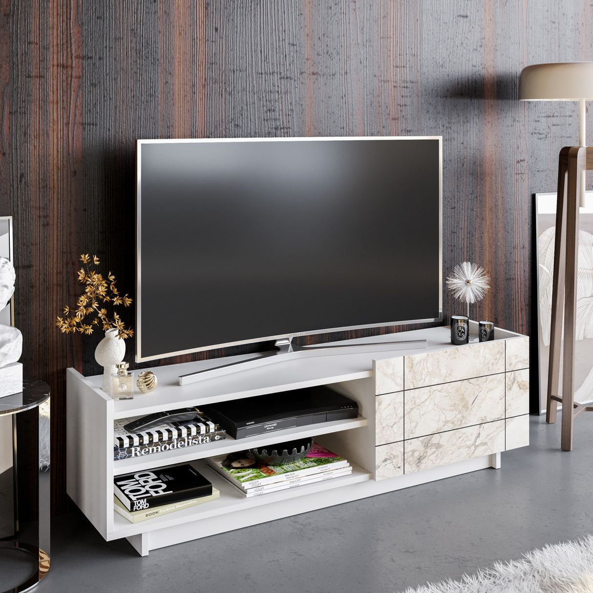 Comodă TV Valantina, Diverse culori, 140x37x41 cm - Alb | SKU: 788DEC4043 | Comodă TV Valantina, 140x37x41 cm, varianta Alb, produs pentru amenajarea locuinței, disponibil online în România la CasaMob