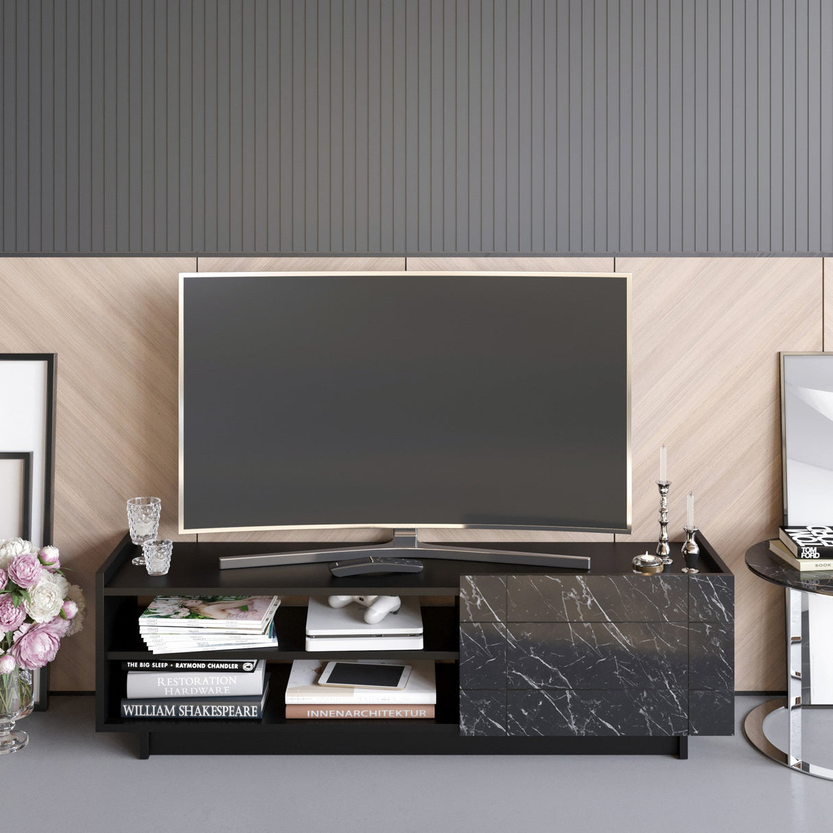 Comodă TV Valantina, Diverse culori, 140x37x41 cm - Negru - Marble | SKU: 788DEC4044 | Comodă TV Valantina, 140x37x41 cm, varianta Negru - Marble, produs pentru amenajarea locuinței, disponibil online în România la CasaMob