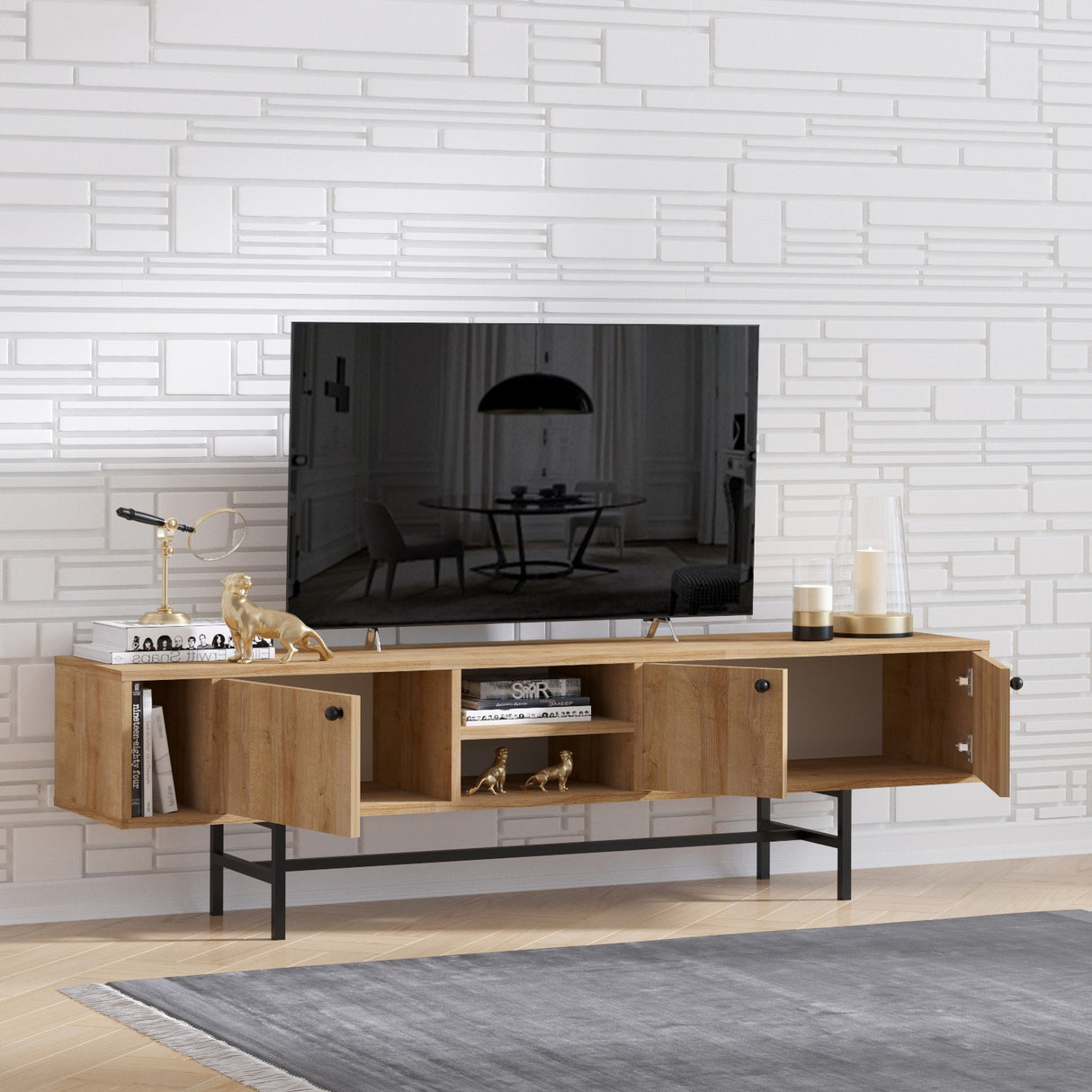 Comodă TV Pedro, Stejar - Negru, 180x50x40 cm