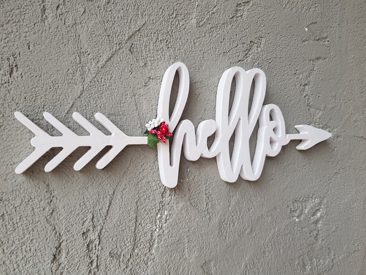 Decorațiune de perete din lemn Mini Hello, Alb, 40x2x14 cm