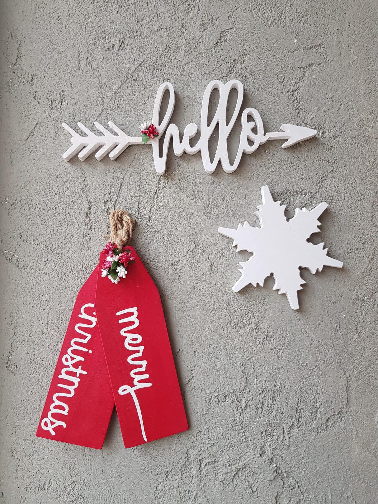 Decorațiune de perete din lemn Christmas Set, Roșu - Alb, 12x2x12 cm
