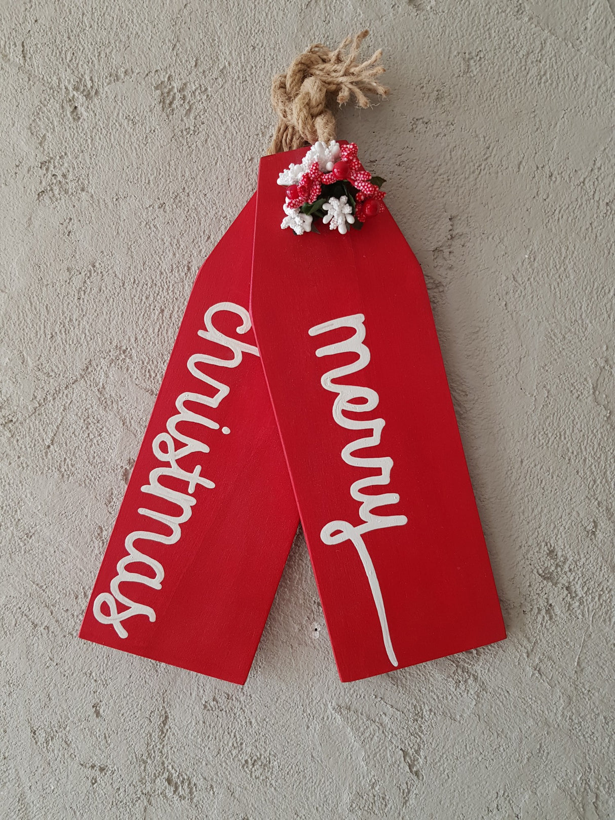 Decorațiune de perete din lemn Christmas Set, Roșu - Alb, 12x2x12 cm