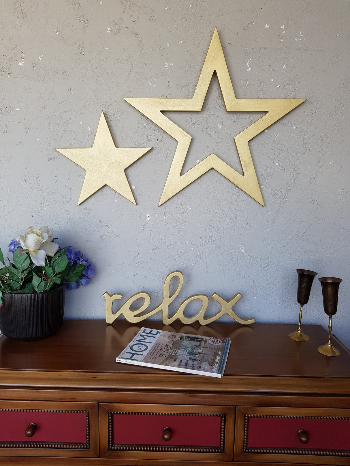 Decorațiune de perete din lemn Gold Stars Set, Auriu, 62x62x2 cm