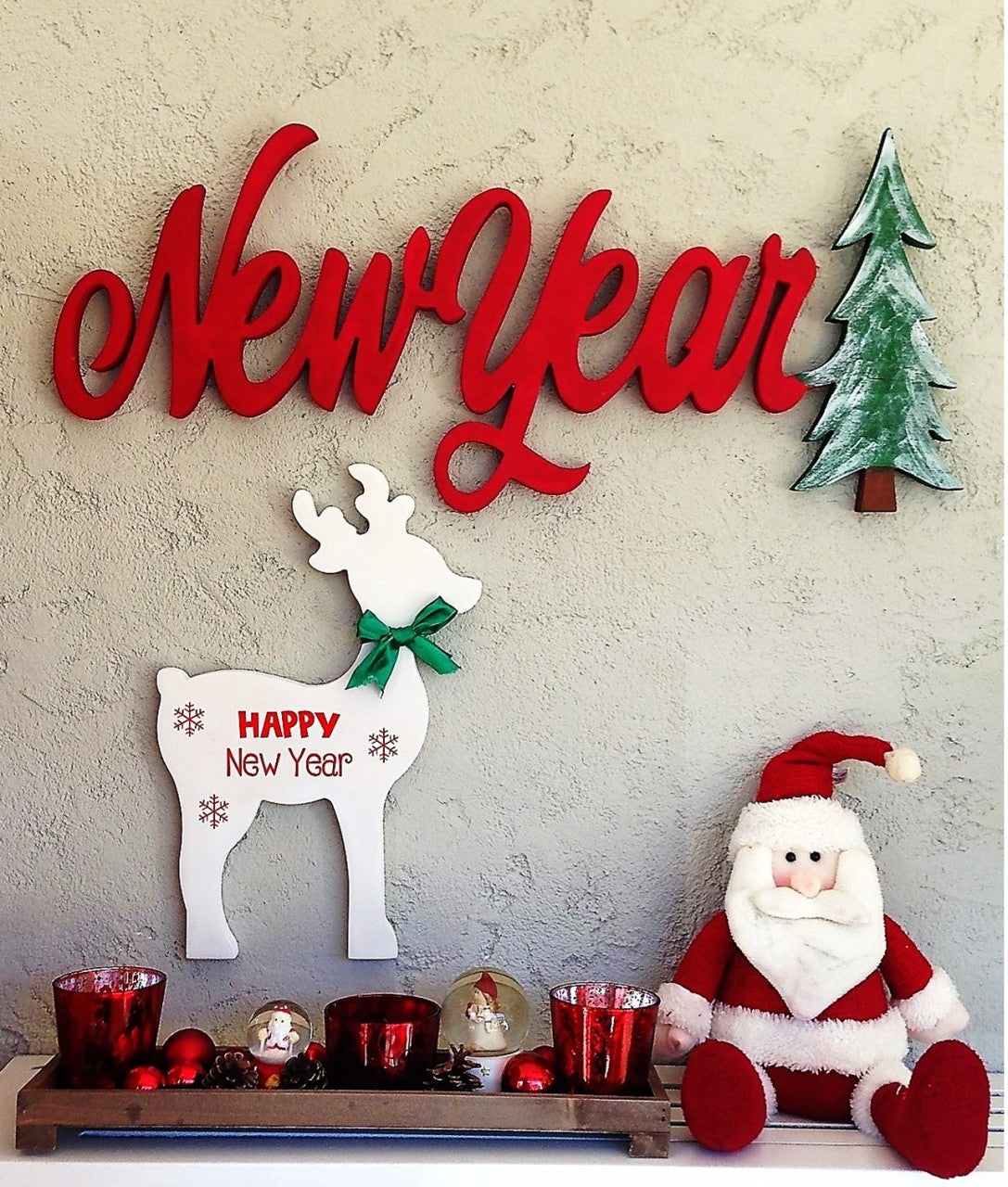 Decorațiune de perete din lemn New Year, Roșu, 70x2x30 cm