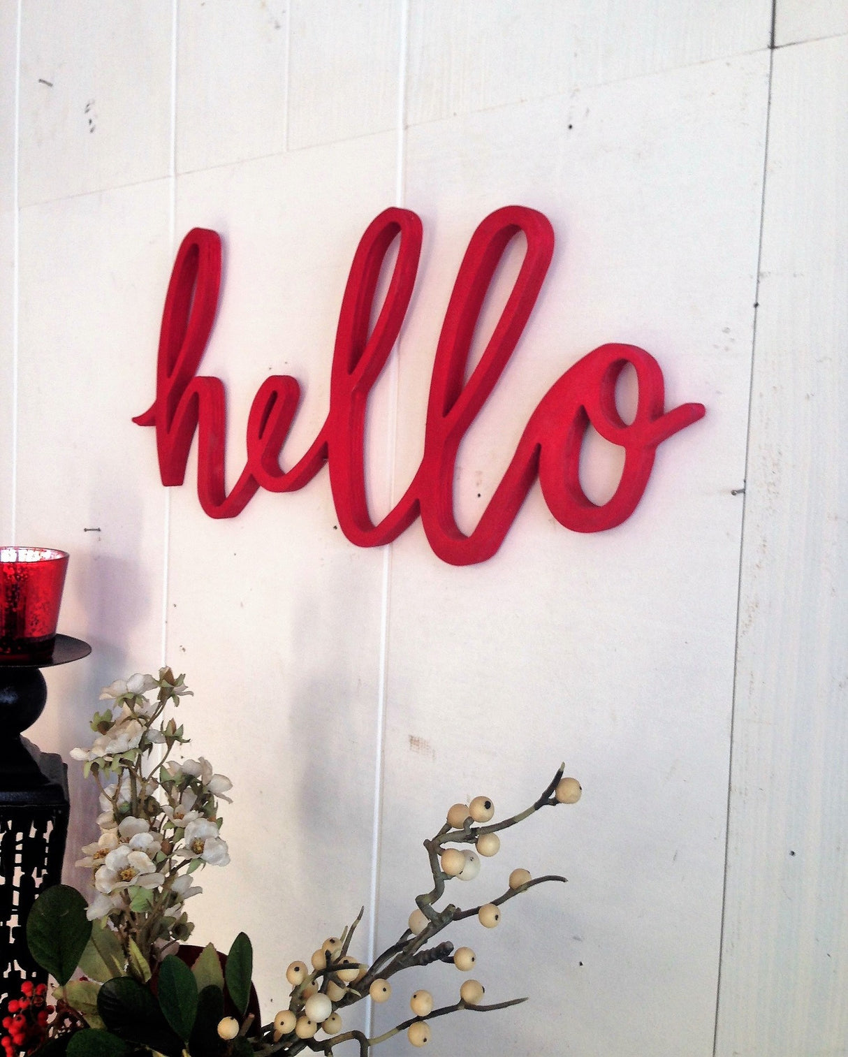 Decorațiune de perete din lemn Red Hello, Roșu, 46x20x2 cm