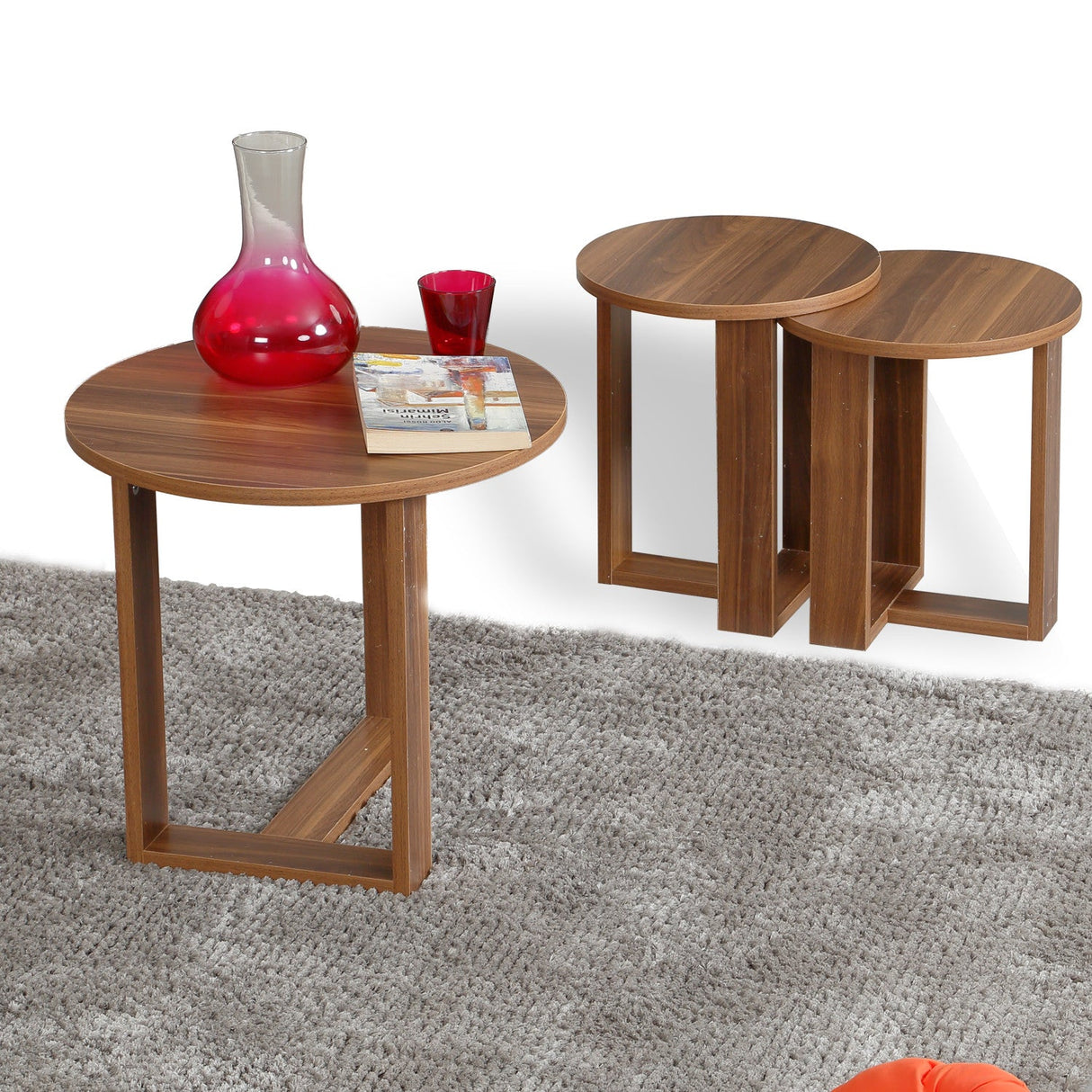 Set 3 măsuțe de cafea Mira, Diverse culori, 52x52x47 cm - Nuc | SKU: 801CMY2926 | Set 3 măsuțe de cafea Mira, 52x52x47 cm, varianta Nuc, produs pentru amenajarea locuinței, disponibil online în România la CasaMob