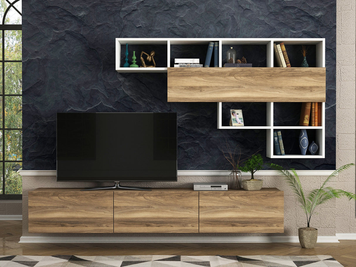 Comodă TV Damla, Alb - Nuc, 180x30x30 cm