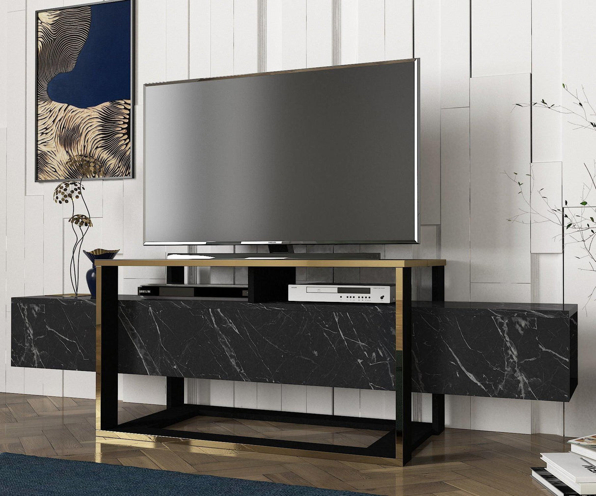 Comodă TV Bianco, Diverse culori, 160x46x50 cm - Negru - Auriu | SKU: 804TRH3054 | Comodă TV Bianco, 160x46x50 cm, varianta Negru - Auriu, produs pentru amenajarea locuinței, disponibil online în România la CasaMob