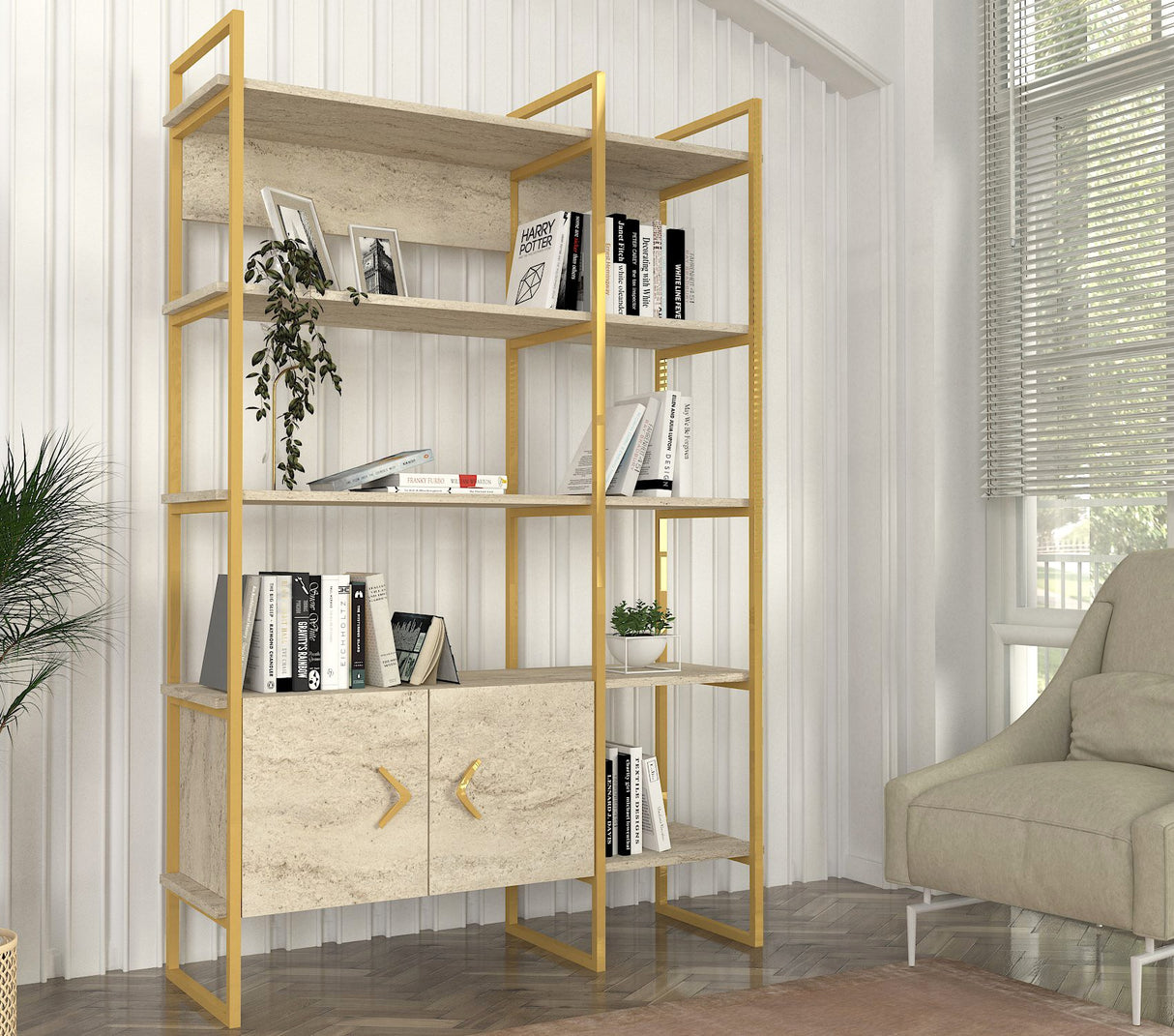 Bibliotecă Santana, Travertin - Auriu, 120x39x180 cm