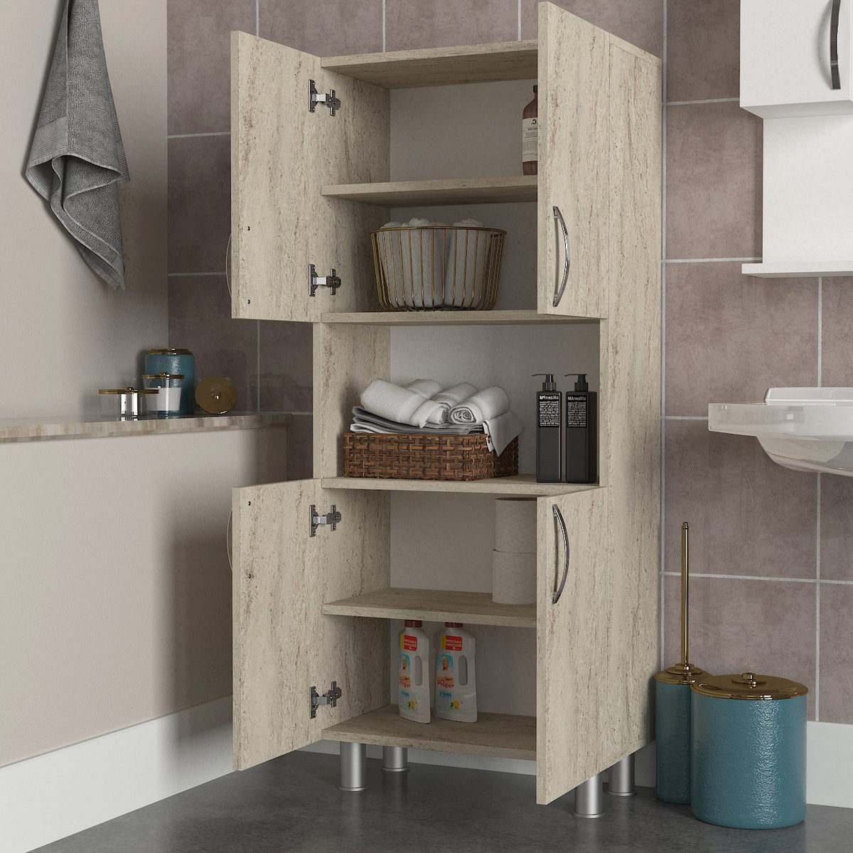 Dulap de baie William, Travertin, 59.5x29.5x140.3 cm, SKU 804TRH4152, imagine 3