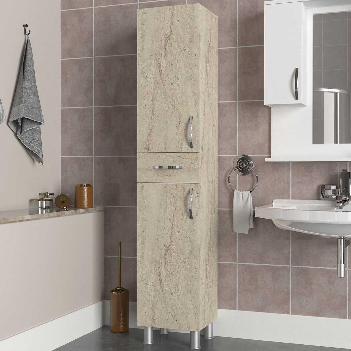 Dulap de baie Selin 2 Doors 1 Drawer, Travertin, 35x31x179 cm
