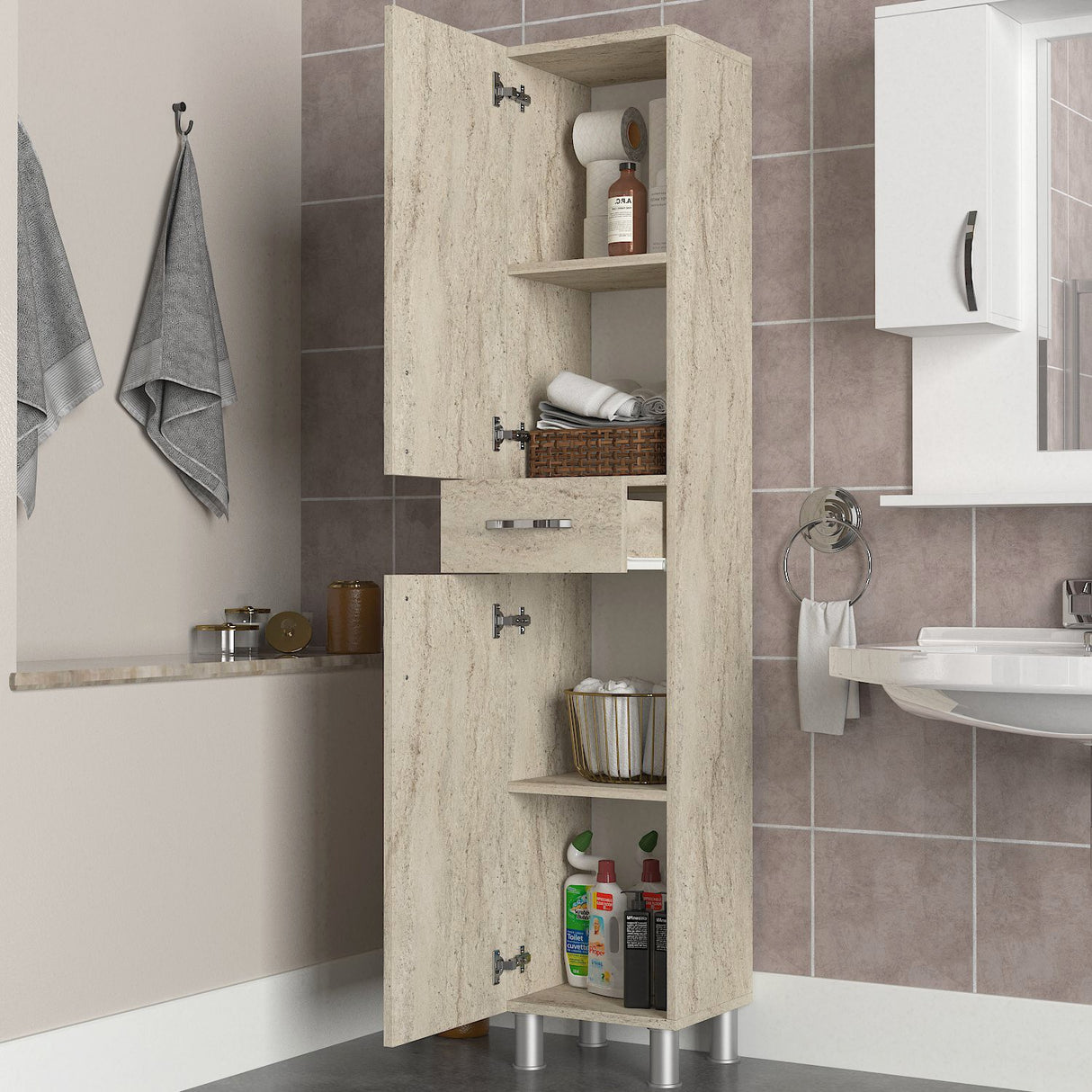 Dulap de baie Selin 2 Doors 1 Drawer, Travertin, 35x31x179 cm