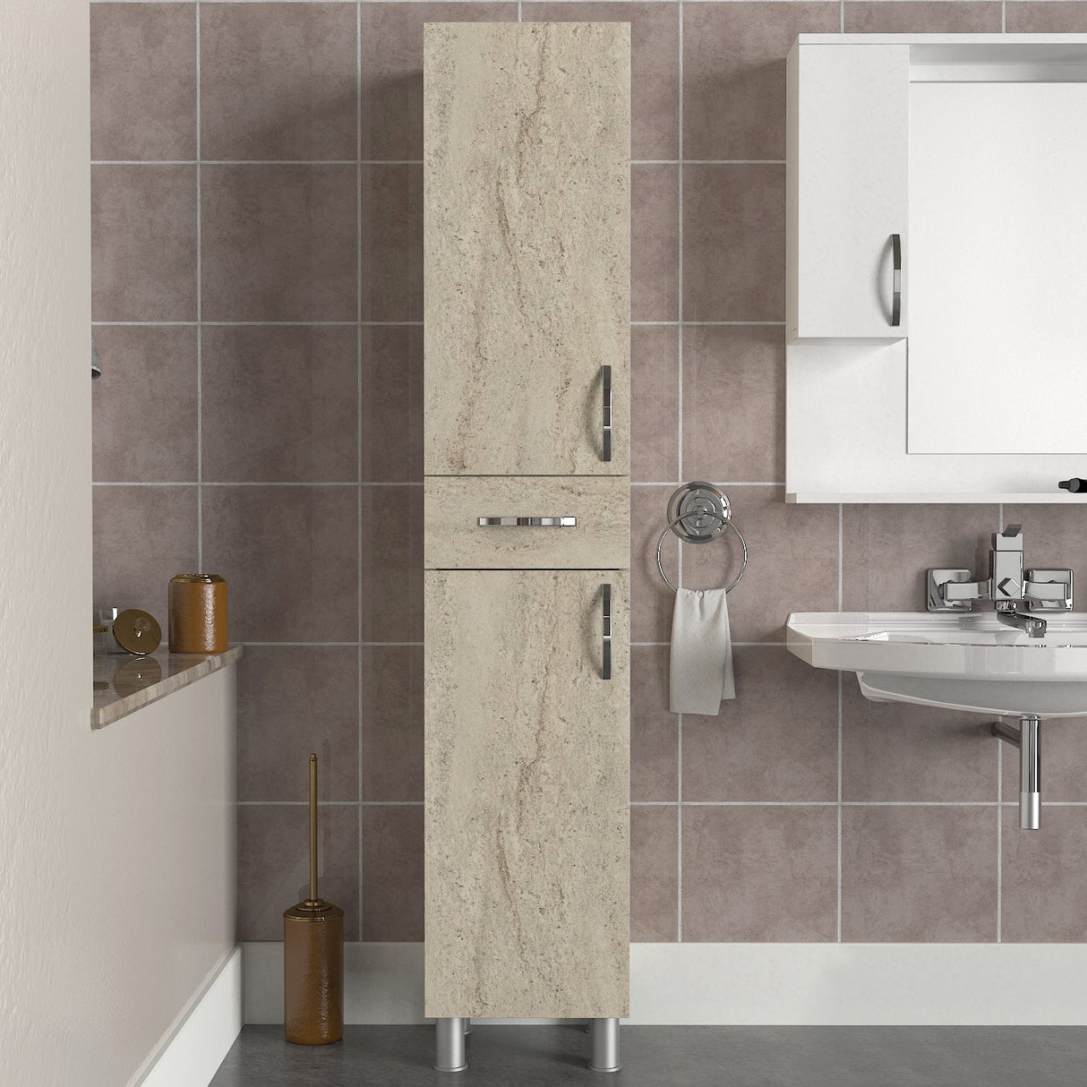 Dulap de baie Selin 2 Doors 1 Drawer, Travertin, 35x31x179 cm
