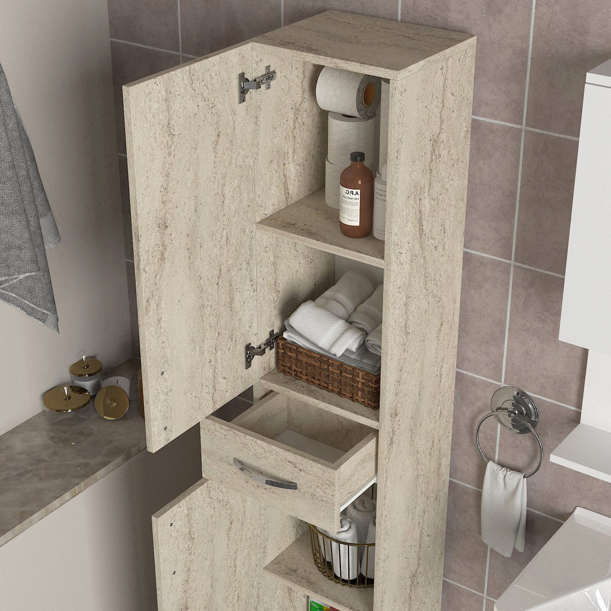 Dulap de baie Selin 2 Doors 1 Drawer, Travertin, 35x31x179 cm