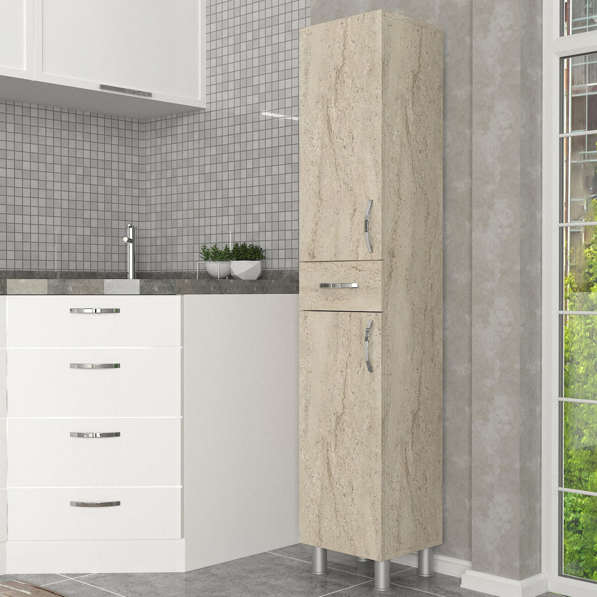 Dulap de baie Selin 2 Doors 1 Drawer, Travertin, 35x31x179 cm