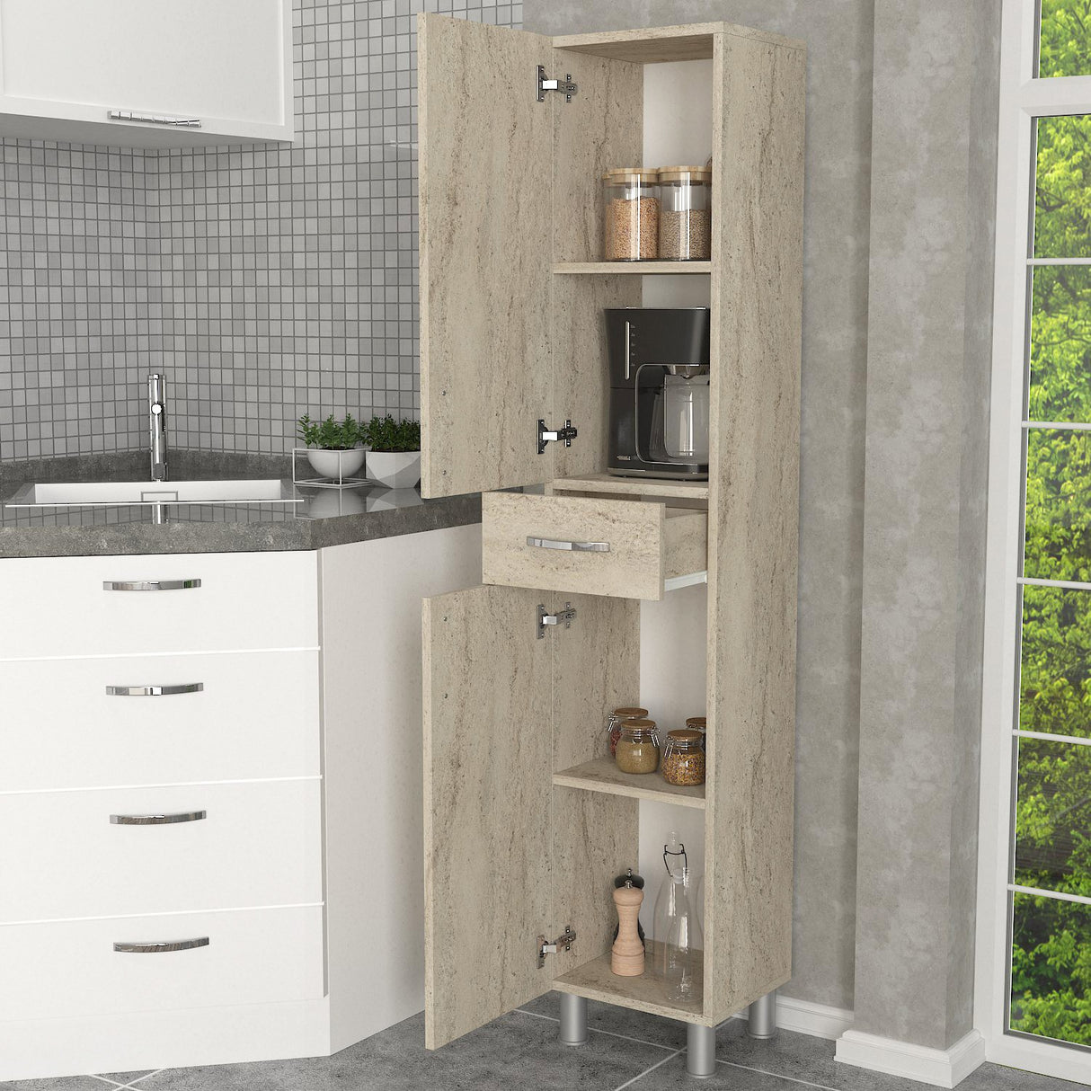 Dulap de baie Selin 2 Doors 1 Drawer, Travertin, 35x31x179 cm