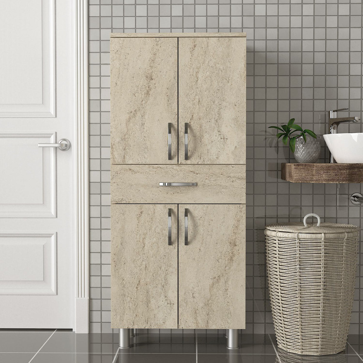 Dulap de baie Arizona 4 Doors, Travertin, 59x32x140 cm