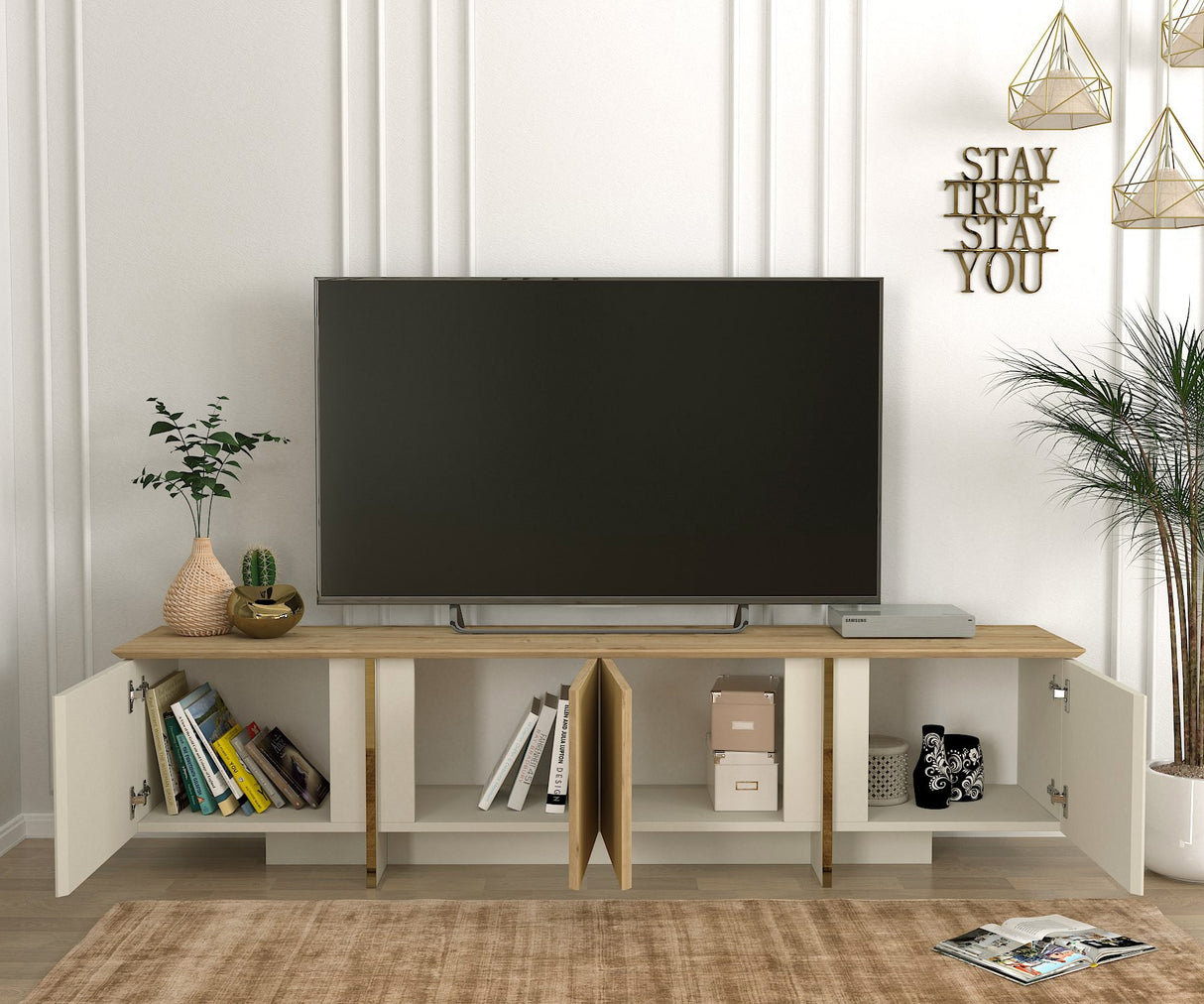 Comodă TV Sion, Crem - Nuc, 180x35x45 cm
