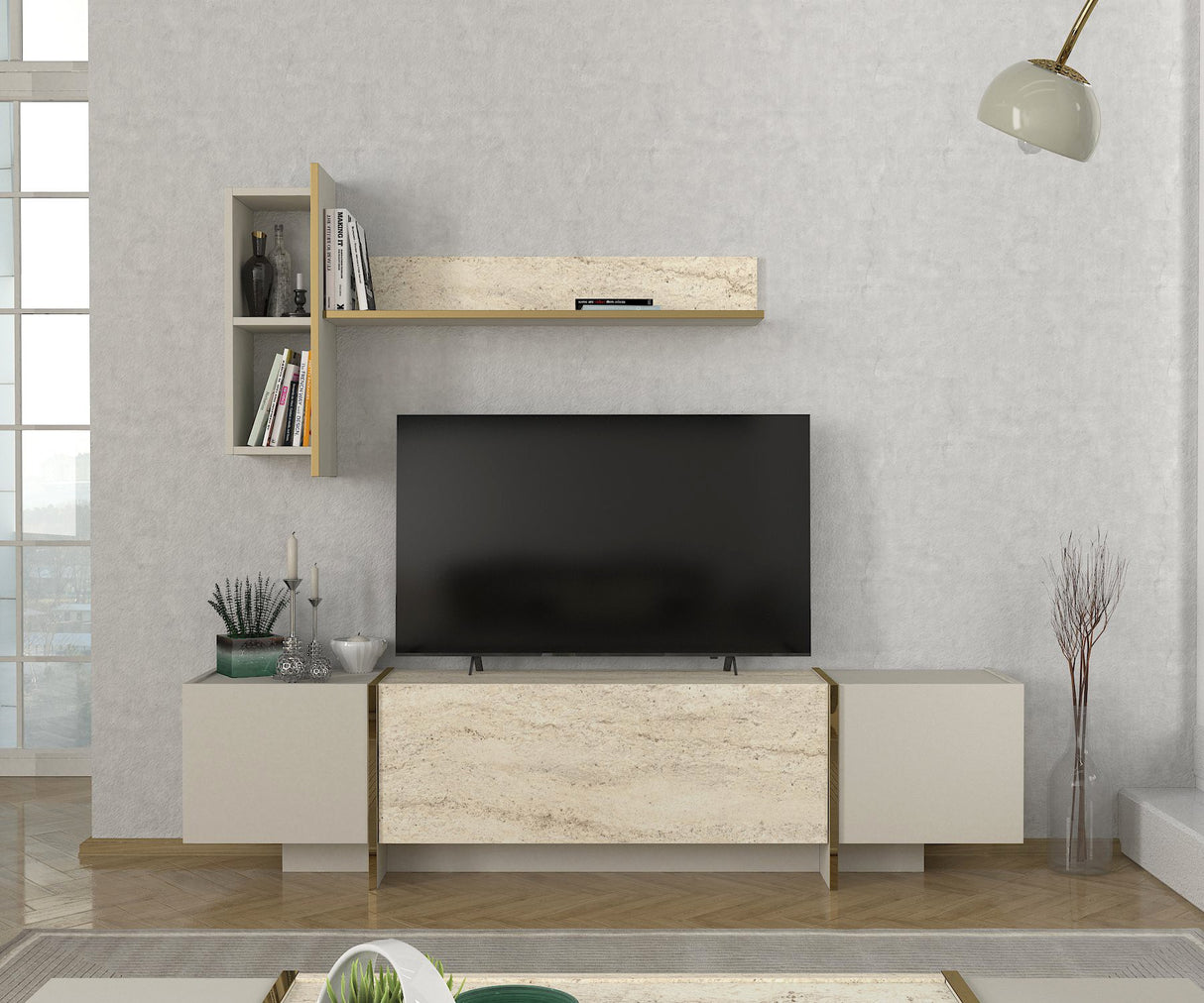 Comodă TV Veyron, Travertin - Sandstone, 180x32x45 cm