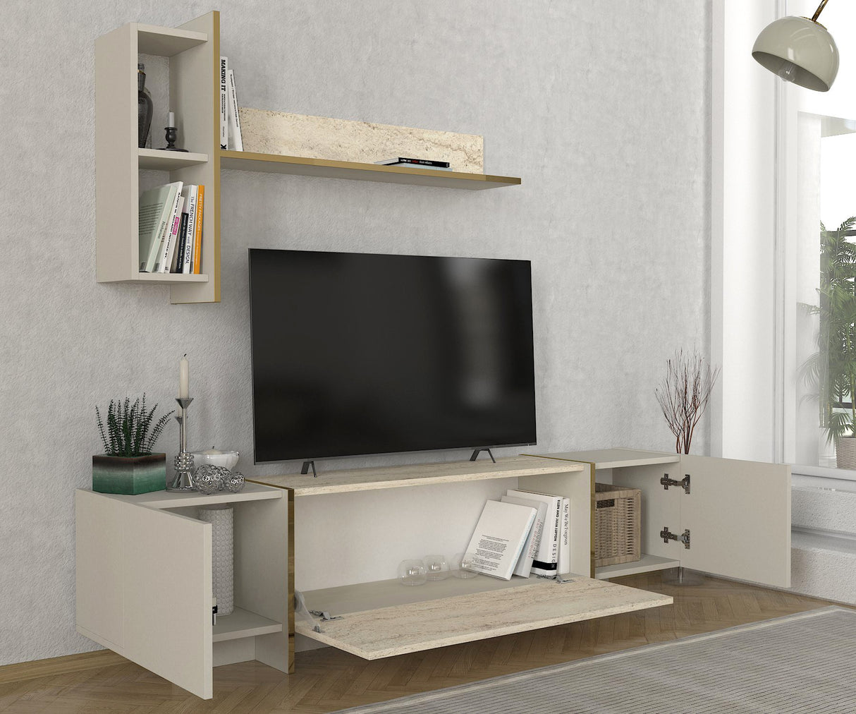 Comodă TV Veyron, Travertin - Sandstone, 180x32x45 cm