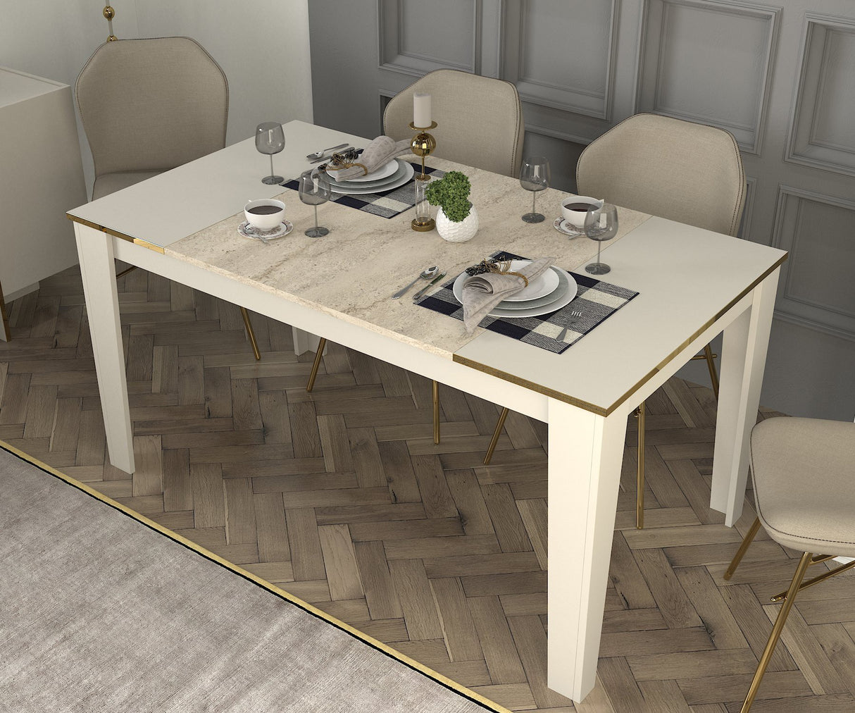 Masă dining Veyron, Travertin - Sandstone, 145x85x76 cm