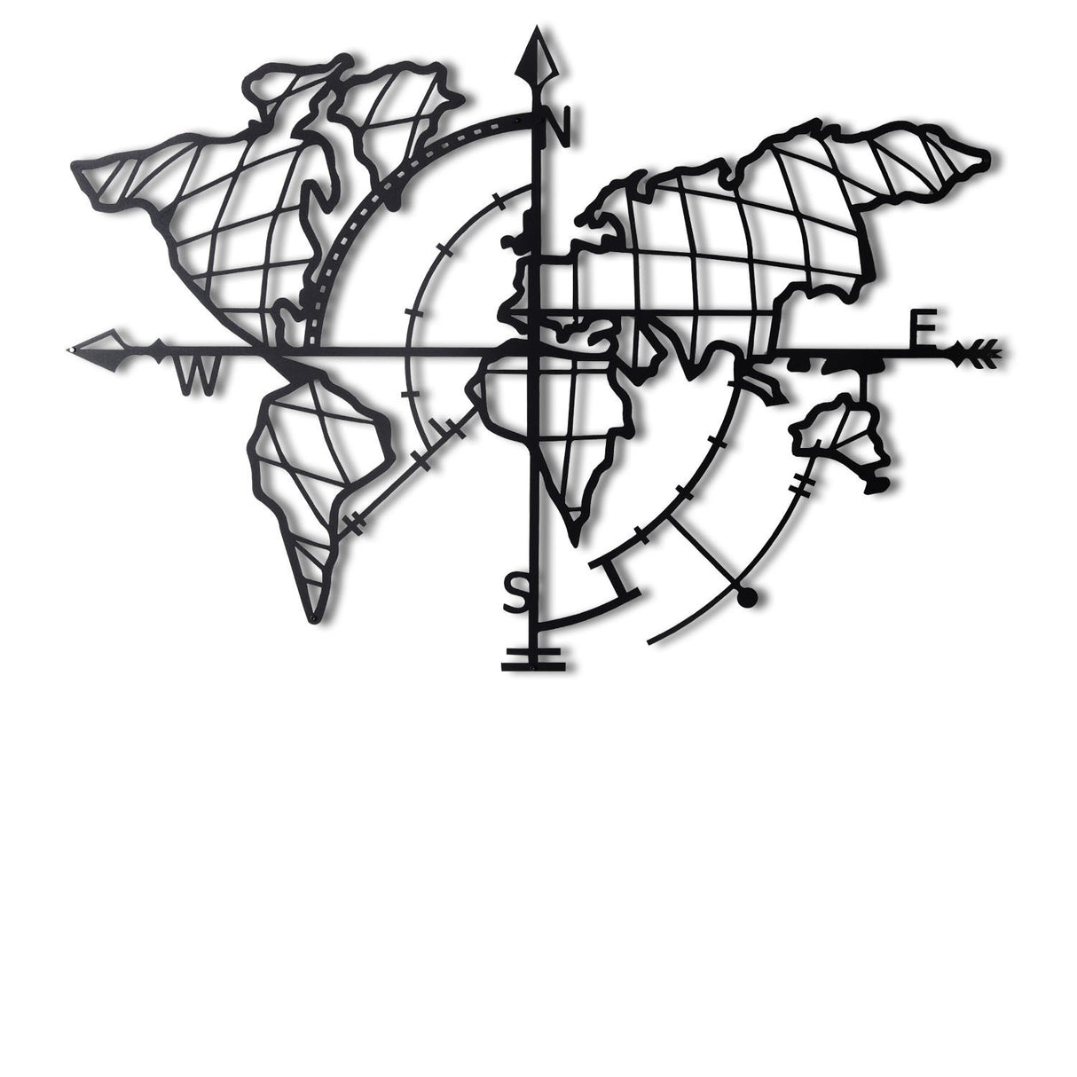 Decorațiune de perete din metal World Map Compass Led, Negru, 65x95x0 cm