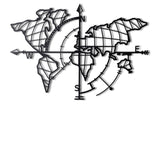 Decorațiune de perete din metal World Map Compass Led, Negru, 65x95x0 cm