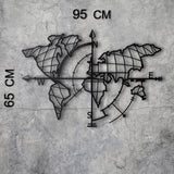 Decorațiune de perete din metal World Map Compass Led, Negru, 65x95x0 cm
